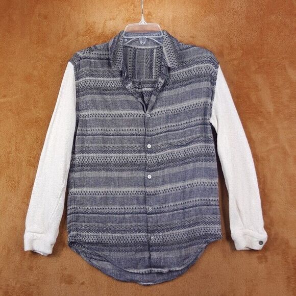 OPENING CEREMONY Top Womens Small Gray Stripe Button Up Shirt Pocket Linen Wool - Picture 1 of 7